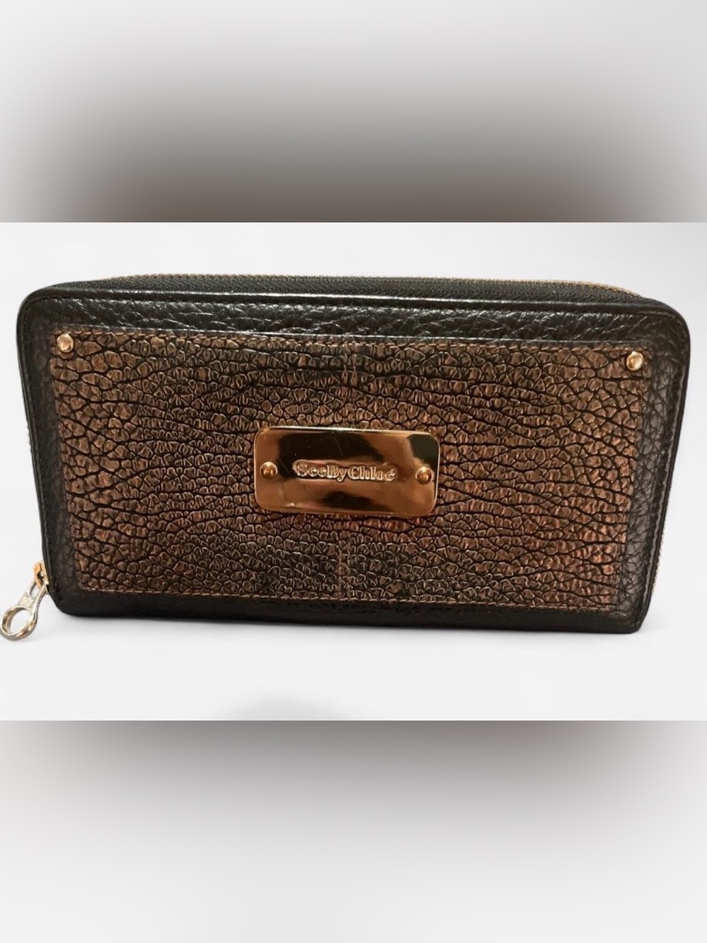 See By Chloe Black Textured Leather Croc embossed Wallet with Gold Plate